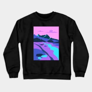 Landscape art, Aesthetic art, Vaporwave, Retro 90s, Nature, Mountains print, Neon blue pink purple Crewneck Sweatshirt